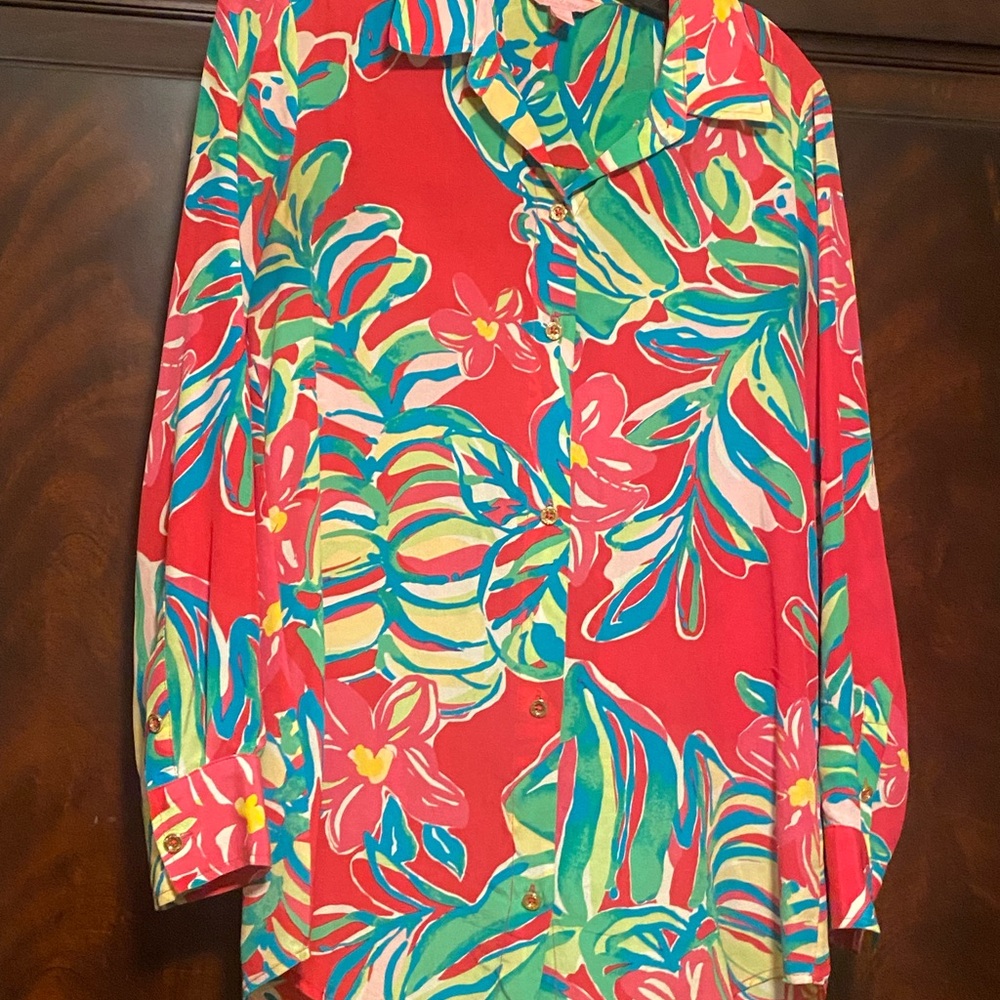 Lilly Pulitzer pink and green long sleeve button up blouse 100% silk
